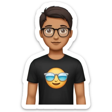 emoji jeune homme avec des lunette avec un v fond de plage t-shirt noir est argent dans les mains    sticker