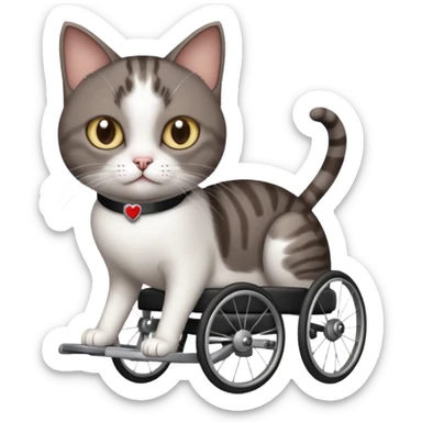 full body small short hair dark brown and white cat with hazel eyes walking in a wheelchair for cats sticker