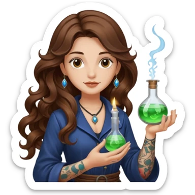 moon alchemist woman long wavy brown hair tattoos holding small potion sticker