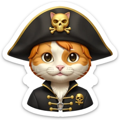 Premium 3D emoji icon of a cute ginger cat pirate, wearing a **pristine white** satin pirate hat with a gold skull icon, and a black and gold captain's jacket. Glossy finish, claymorphism style, soft studio lighting, isolated on white background, 8k resolution, stylized professional look --v 6.0 sticker