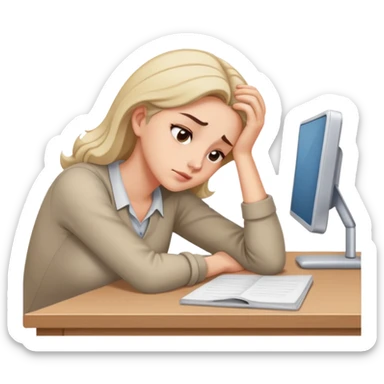 Tired woman leaning head on one hand, elbow on desk sticker