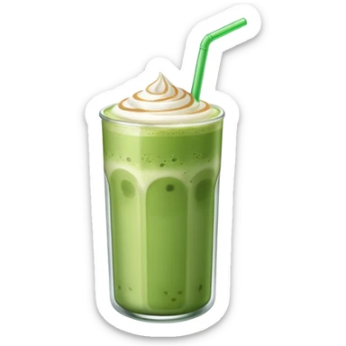 An ice matcha latte in a can-like glass with a glass straw sticker