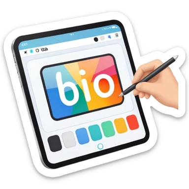 digital screen showing a basic logo being edited, with vector handles and a color palette sticker