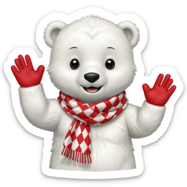 baby Polar Bear, smiling, hi five, wearing red Checkered Triangle scarf sticker