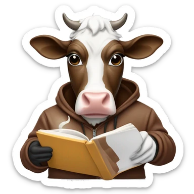 cow wearing a hoodie and sweat pants drinking an ice coffee and reading a book sticker