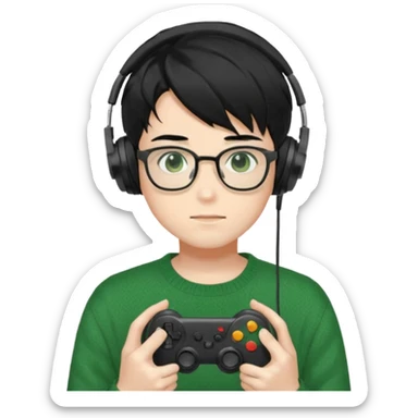 
gamer, Gorgeous green sweater black hair anime style shojo guy glasses, headphone, gamepad sticker