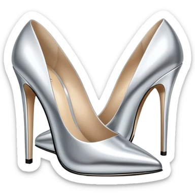 A pair of high heel shoes emoji made of polished silver chrome, elegant sharp silhouette, smooth metallic surface, glossy reflections, luxury sexy vibe, minimalistic iOS emoji style, centered, clean white background sticker