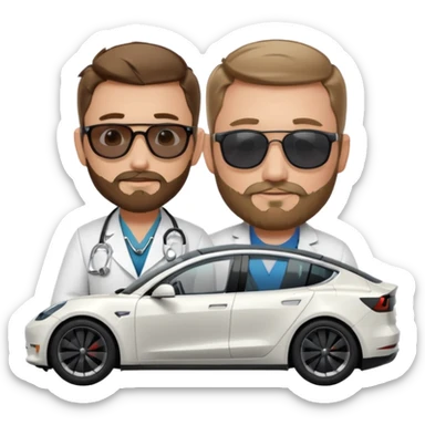 White tesla model 3 and one cool physician with dark blond hair, beard, stetoscope and dark sunglasses next to it sticker