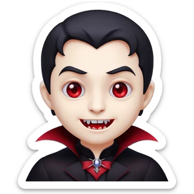 Cinematic Cute Vampire Portrait Emoji, with a refined yet playful small, rounded pale face accented by tiny, cute fangs and bright, twinkling eyes, sporting miniature elegant dark attire with a hint of crimson, simplified yet irresistibly charming, highly detailed with a soft glowing outline that captures the delightful duality of spooky sweetness and stylish allure! sticker