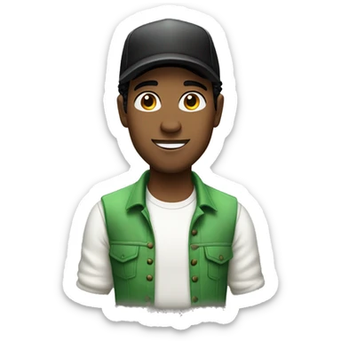 A singer with a white shirt, black hair, brown skin and a green cap sticker
