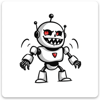 Hand-drawn evil robot with scary face and mechanical parts sticker