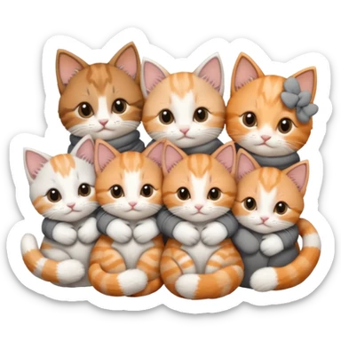 6 tiny kittens cuddling together all various different natural colours including solid grey with white mittens, grey and white, ginger and white, calico, and brown and white sticker
