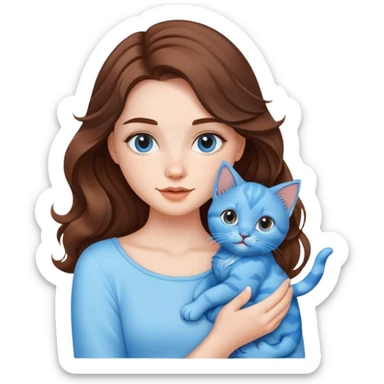 A beautiful girl with big brown waves was holding a blue kitten sticker