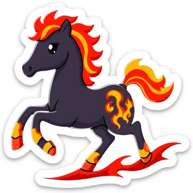 A red galloping horse composed entirely of fiery embers, magma flowing through its body, visible lava veins, flames burning along its mane and tail, with ash particles floating around it sticker