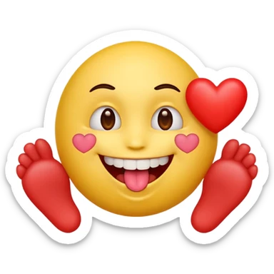 yellow emoji face holding a heart and hes so happy with so happy with teeth and tongue and toes growing out of the top of its head sticker