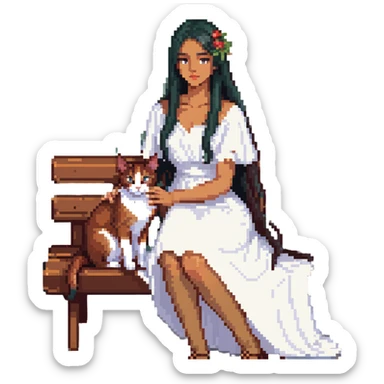 beautiful girl with long black hair in a white dress holding an Abyssinian cat with reddish-brown fur, sitting on a bench sticker