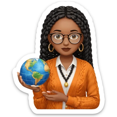 a young woman wearing fine gold round glasses and black hair in several box braids, she has light black skin, and she's wearing a white shirt with an orange-terracotta cardigan on top. She's holding a globe in one hand sticker