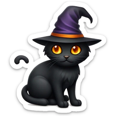 black cat with orange eyes and a witch’s hat sticker