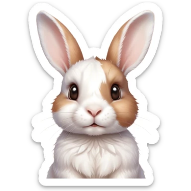 Cinematic Cute White and Brown Rabbit Portrait Emoji, Head tilted playfully and inquisitively, featuring a silky fur with a delicate mix of white and brown patches, round, sparkling eyes filled with curiosity, Simplified yet irresistibly adorable features, highly detailed, glowing with a warm, friendly glow, high shine, affectionate and lively, stylized with a touch of whimsy, bright and endearing, soft glowing outline, capturing the essence of a mischievous yet loving bunny, so playful it feels like it could hop out of the screen and into your arms! sticker