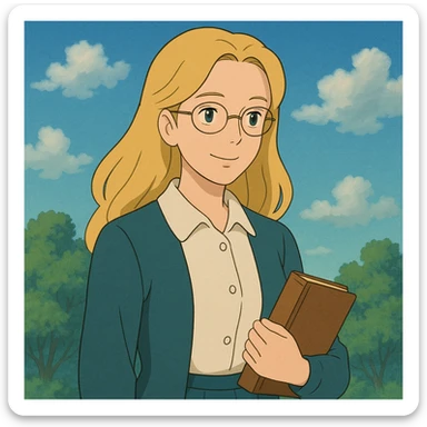 profesora rubia de pelo largo, piel clara, estilo ghibli sticker