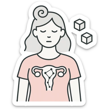 medical minimalist illustration of a female outline in pastel palette filled with abstract PCOS features including spiraling hair, sugar cubes, constellation ovaries sticker