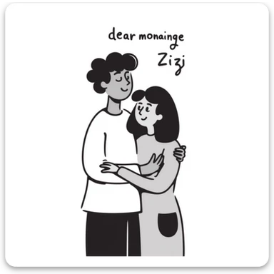 person hugging girlfriend, with text 'dear monainge wan Zizi' sticker
