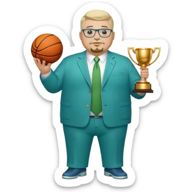 Full Body white fat male  wearing glasses with a goatee with light blonde gray very short hair basketball head Coach in blue and green suit holding trophy sticker