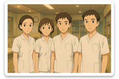 Group of four nursing students based on new photos, in a care station, Ghibli style, white short-sleeve medical uniforms with V-neck and left chest pocket, no stethoscopes, no clothing under sleeves, professional ambiance. sticker
