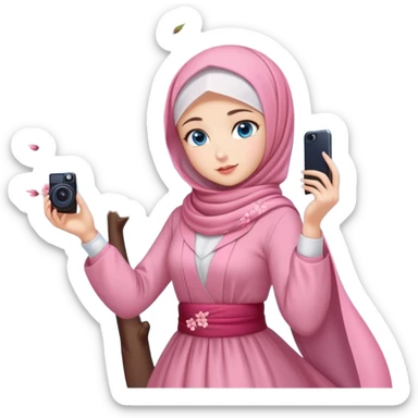 Turkish beautiful finish Konya girls blue eyes with lovely cherry blossom hijab long tail dress and she takes photo from sky sticker