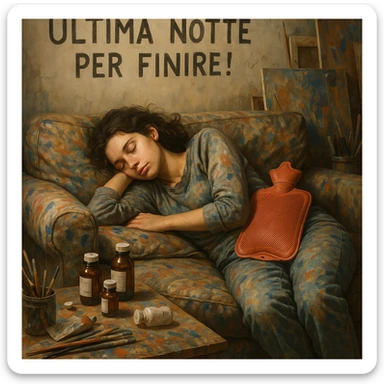 Young artist sleeping on a paint-stained sofa, above the Italian text 'Ultima notte per finire!', medicine bottles and hot water bottle next to her as supplies, creative and chaotic atmosphere, hyperrealism 4K, Italian text. sticker
