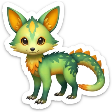 Rare realistic exotic warm-green warm-orange warm-yellows pastel gradients cute epic pretty beautiful handsome gorgeous aesthetic colorful vibrant Vernid-Trico-species-Fakemon-creature by LiLaiRa, 4 legs, 1 tail, random markings, (full body) sticker