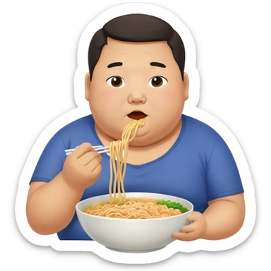 Fat asian man bursting out of clothes while eating noodles sticker