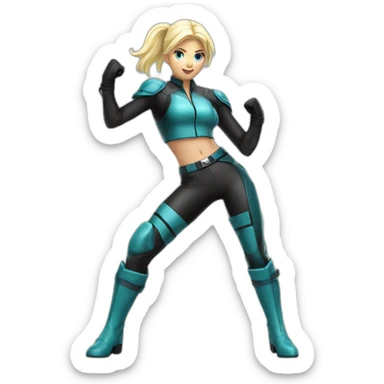 1 girl, racer, leather suit, latex legwear, leather skirt, platinum blonde hair, ponytail, smirk, aqua eyes, leather boots, canyon, Victory pose, Fighting stance sticker