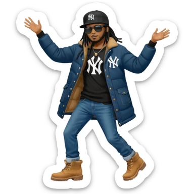 African American man with shoulder length black dreadlocks and black sunglasses wearing a black New York Yankees baseball hat  bubble winter coat with denim skinny jeans and timberland boots dancing sticker
