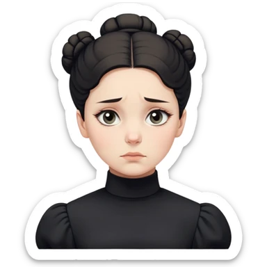 A Victorian woman with a simple coiffed white bun and light eyes wearing a simple monochrome black turtleneck mourning dress with puffed sleeves looking down with a forlorn, miserable expression sticker