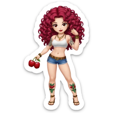full body woman long curly brown hair brown eyes white skin tattoos muscular build cherry twin fruit hair ornaments, flirty battle pose sticker