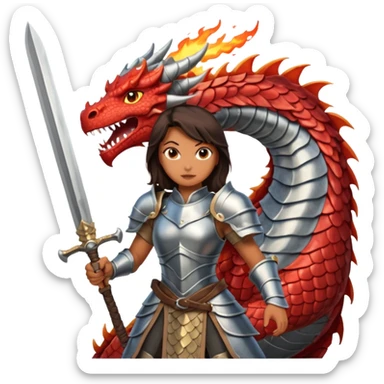 Fierce Latina in armor with a sword in a losing battle with a dragon sticker
