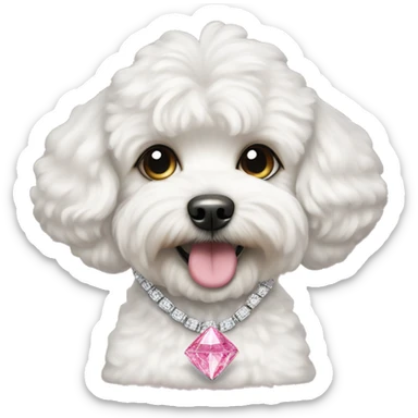 White maltipoo dog wearing a pink diamond necklace sticker