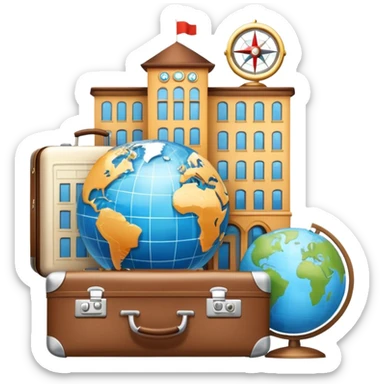 An icon featuring a suitcase, a globe, and a hotel building, symbolizing tourism and hospitality studies. The design includes a map and compass, representing travel research and industry analysis. Transparent background sticker