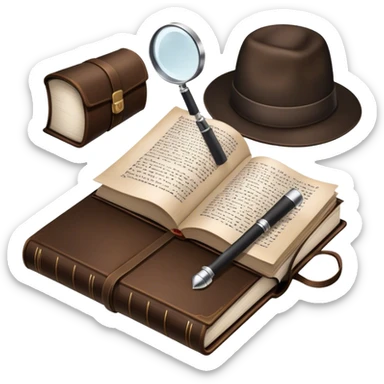 Icon for Detective Reading: an open book with text and a magnifying glass, a detective’s hat and a notebook with clues, surrounded by dark shadows and mysterious elements like footprints. Transparent background. sticker