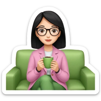 Chica de pelo negro ojos negros y piel morena con lentes oversize square GAFAS DE LEER BIEN GRANDES , ropa de color verde , sentada en una sala de casa , en la mano derecha una taza de cafe en color rosa con una flor negra de diseno. Sentada mirando un drama koreano en la television.  sticker