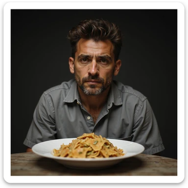 uomo di circa 20 anni, triste, che mangia un piatto di pasta, espressione triste, iperrealismo 4K, variazione 5 sticker