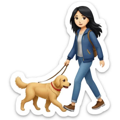 Long black hair - girl walking with a golden retriever sticker
