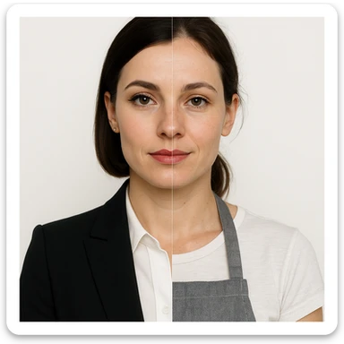 hyper realistic split-image of a woman, one half with business makeup and suit, other half natural, kitchen apron, white background, symmetrical, clear role difference sticker