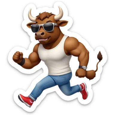friendly anthropomorphised bull in jeans and a t-shirt, wearing dark sunglasses, jogging upright sticker