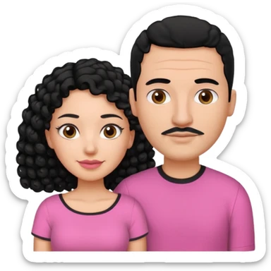 A picture if a couple. the man is a Mexican man with  black hair, a bald hair cut and black shirt on. the woman is mixed with black and white, with curly shoulder length hair and a pink shirt on sticker