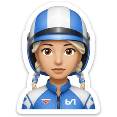 woman with white braided hair in blue racer helmet sticker