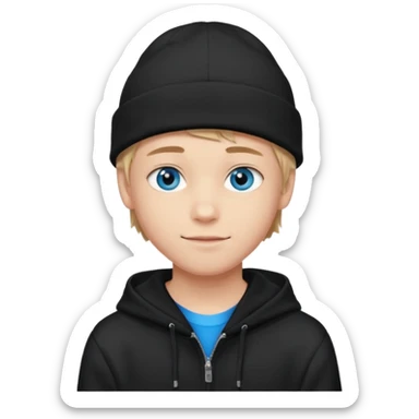 handsome and young teen pinterest boy good at fashion. popular among 'that brat girl', wearing hoodie (no blue) and beanie with blue eye  and little smile  sticker