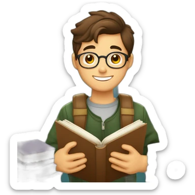 joven estudiante atiborrado de libros, sonriente y muy feliz con un libro en sus manos y en su cabeza, junto a muchos libros y una lampara sticker