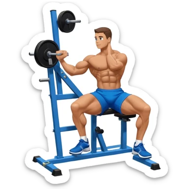 side-view bodybuilder in blue shorts seated weighted calf-raise machine on his tip toes sticker